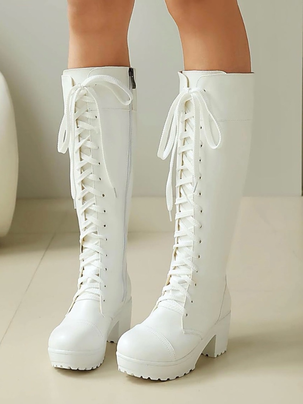 NWT Knee High Combat Boots Goth Platform Lace Up Chunky Block Heel Side Zipper